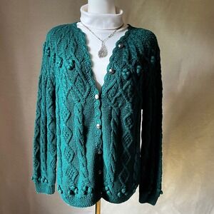 Vintage Northern Isles Hand Knit Teal Bobble Cardigan Sweater Cotton Blend M